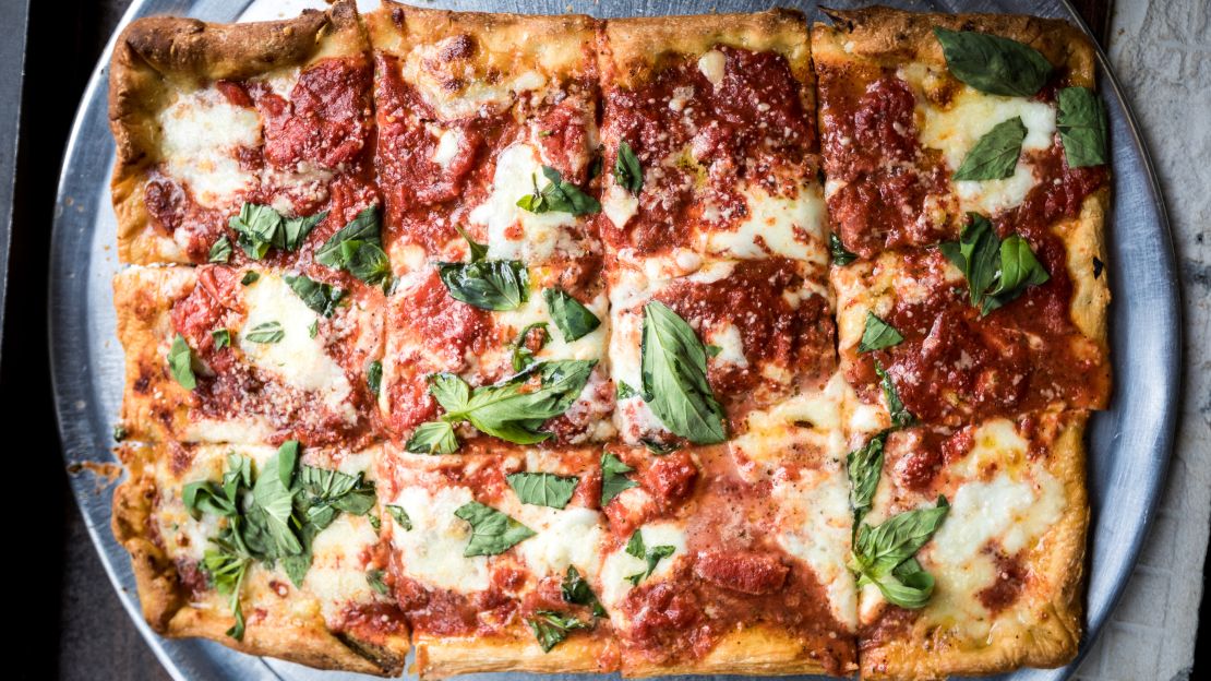 Close-up on a rectangular pie from Di Fara's.