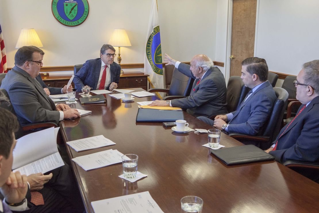 Secretary of of Energy Rick Perry, second from left, meets with Murray Energy CEO Bob Murray, third from right, on March 29, 2017. Now acting head of the EPA Andrew Wheeler is at far right.