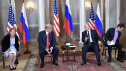HELSINKI, FINLAND - JULY 16, 2018: US President Donald Trump and Russia's President Vladimir Putin (L-R centre) during a meeting at the Presidential Palace. (Photo by Alexei Nikolsky\TASS via Getty Images)