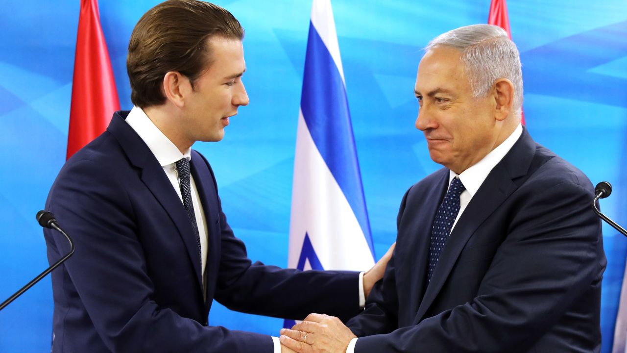 Netanyahu and Austrian Chancellor Sebastian Kurz shake hands during a joint press conference at the prime minister's office in Jerusalem.