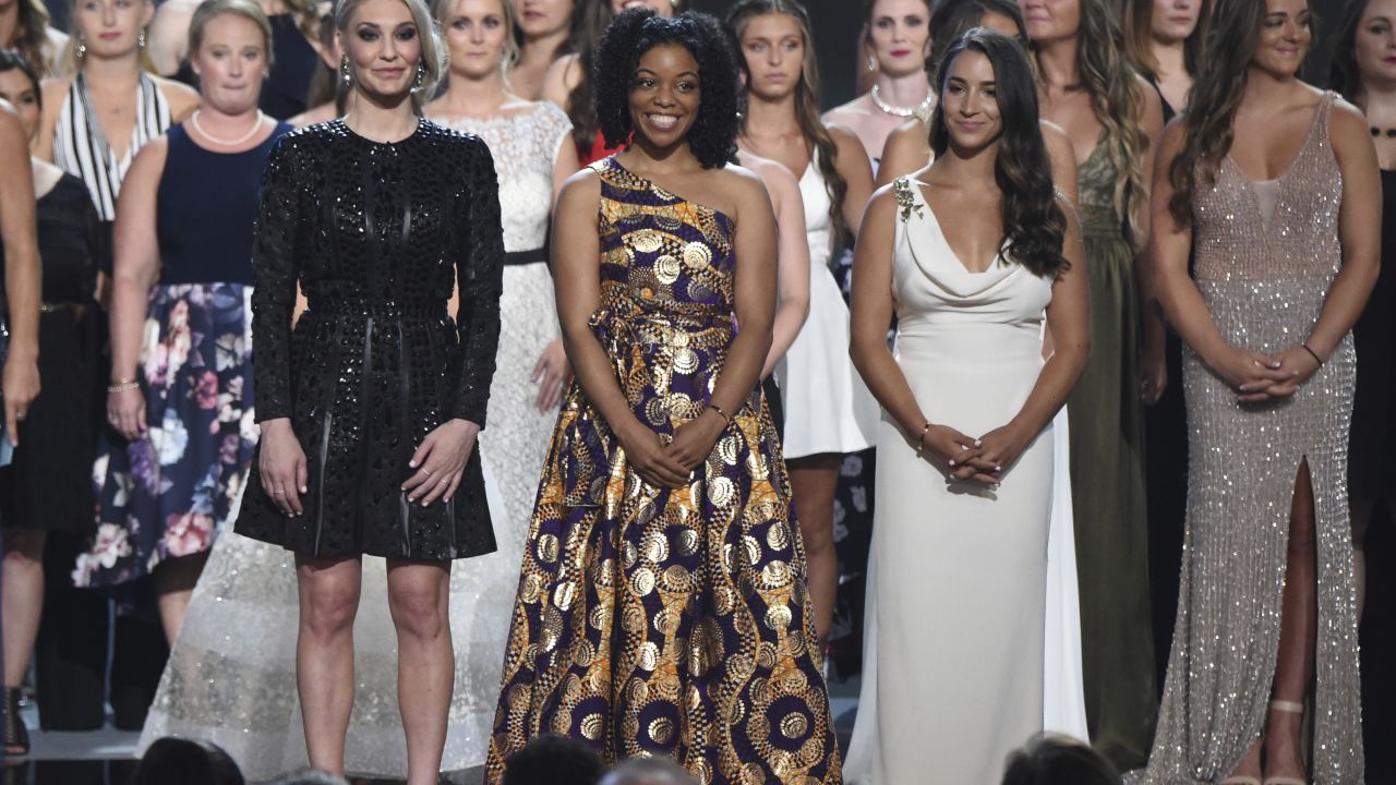 Some of the athletes Nassar abused receive the Arthur Ashe Award for Courage at the ESPY Awards last month.