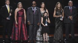 The families of Scott Beigel, Aaron Feis and Chris Hixon, coaches at Marjory Stoneman Douglas High School, accept the award for best coach at the ESPY Awards at Microsoft Theater on Wednesday, July 18, 2018, in Los Angeles. (Photo by Phil McCarten/Invision/AP)