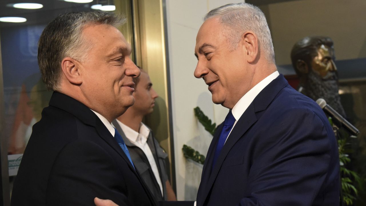 Orban is welcomed by Netanyahu upon his arrival at the prime minister's office in Jerusalem on Thursday.