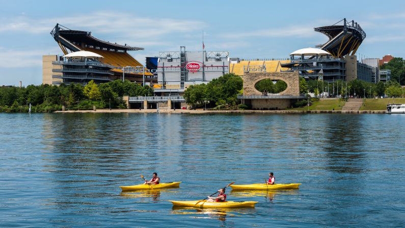 <strong>September in Pittsburgh:</strong> Kayakers in the Allegheny River get a great view of Heinz Field, home of the Pittsburgh Steelers.