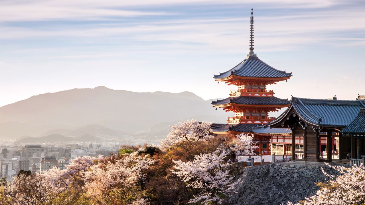 <strong>April in Kyoto, Japan:</strong> Sunset comes to Kiyomizu-dera Temple during cherry blossom season. The Buddhist site goes back to 780 A.D.