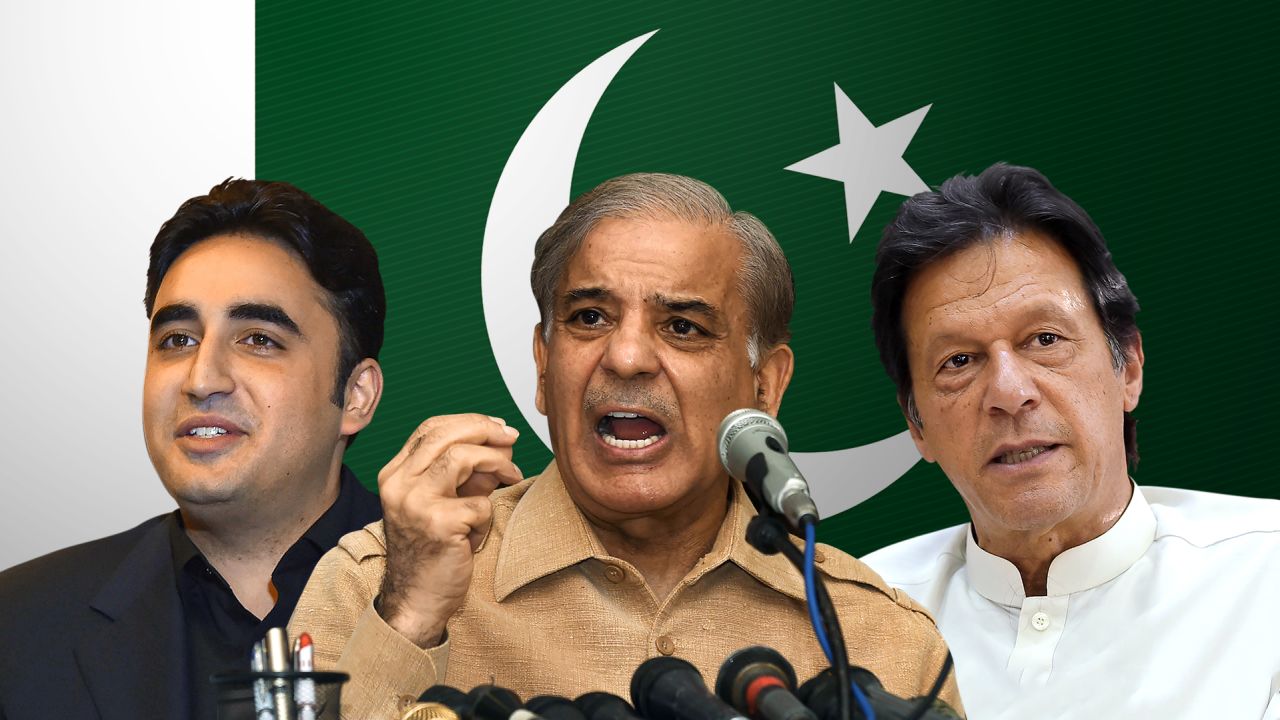 The three leading candidates in Pakistan's general election: Bilawal Bhutto Zardari (PPP), Shahbaz Sharif (PML-N), and Imran Khan (PTI).