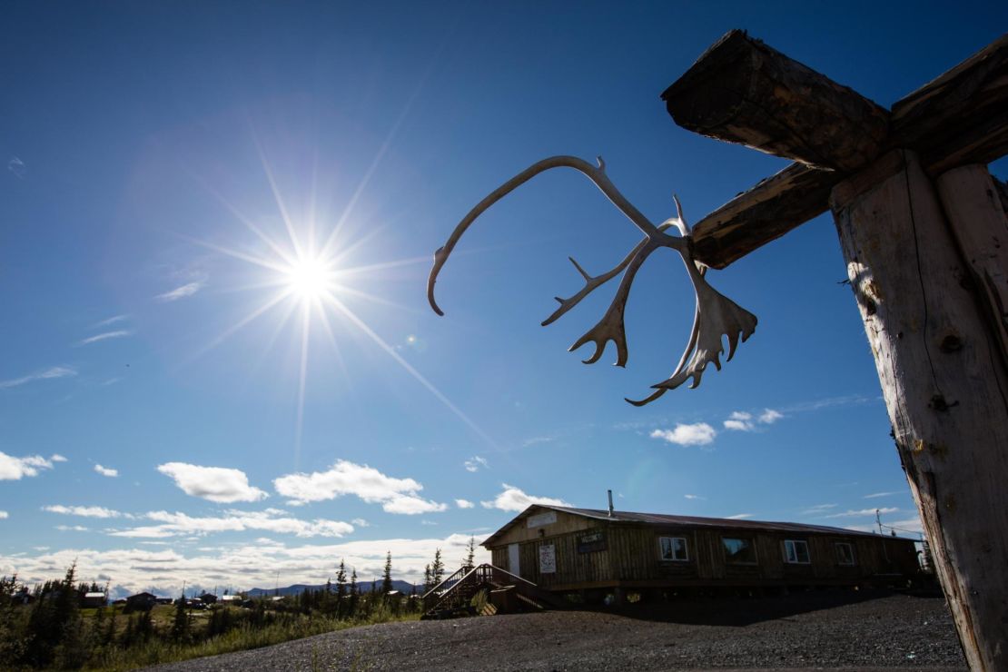 Caribou antlers in Heroes Park in Arctic Village, Alaska, dedicated to those who fought to preserve the environment.