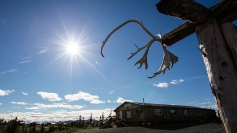 Caribou antlers in Heroes Park in Arctic Village, Alaska, dedicated to those who fought to preserve the environment.