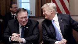 WASHINGTON, DC - JULY 18: (AFP OUT)  Secretary of State Mike Pompeo and President Trump share a laugh during a cabinet meeting with U.S. President Donald Trump in the Cabinet Room of the White House, July 18, 2018 in Washington, DC. (Photo by Olivier Douliery-Pool/Getty Images)