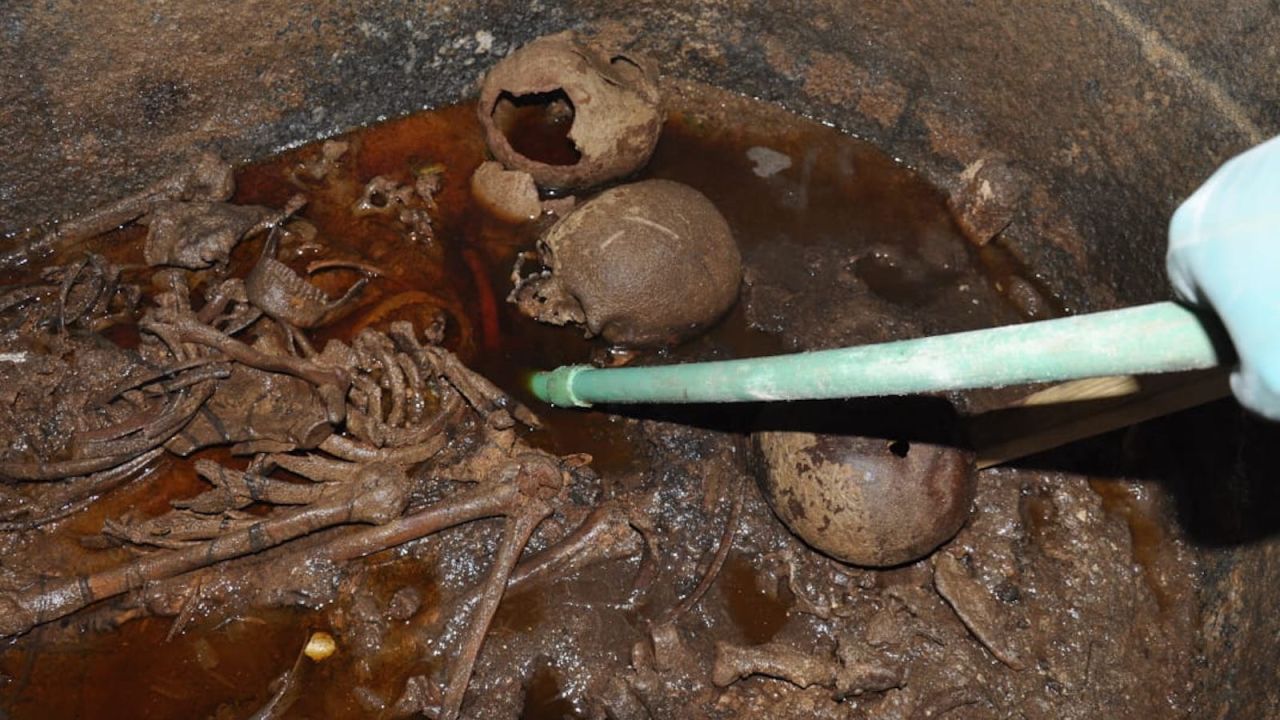 Badly preserved skeletons possibly belonging to soldiers were recovered inside the sarcophagus 