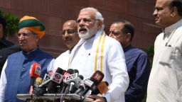 Indian Prime Minister Narendra Modi addresses the media at Parliament House in Delhi, ahead of Friday's no-confidence motion against the government. 