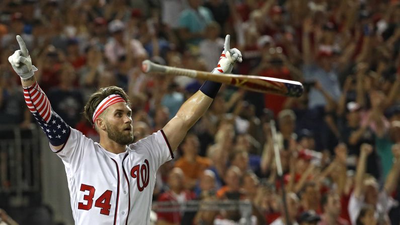 Washington slugger Bryce Harper celebrates in front of his home crowd after winning Major League Baseball's Home Run Derby on Monday, July 16. He defeated Kyle Schwarber in the finals.