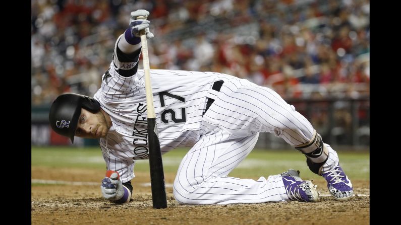 Colorado's Trevor Story had to hit the deck to avoid a wild pitch at the All-Star Game on Tuesday, July 17.