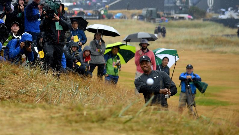 Tiger Woods plays a shot during the second round of the Open Championship on Friday, July 20.