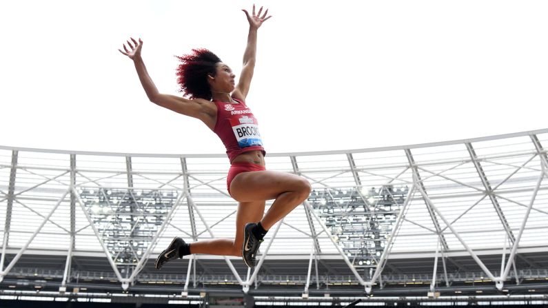 Arkansas' Taliyah Brooks competes in the long jump during the Muller Anniversary Games in London on Saturday, July 21.