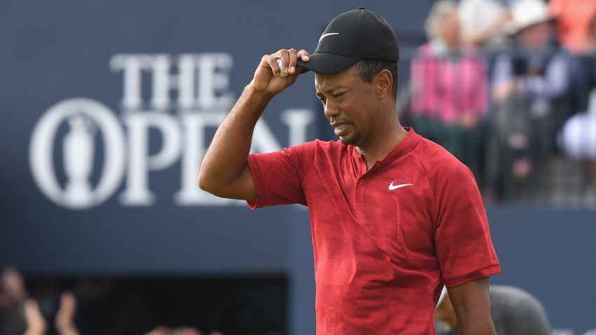 CARNOUSTIE, SCOTLAND - JULY 22:  Tiger Woods of the United States acknowledges the crowd on the 18th green during the final round of the 147th Open Championship at Carnoustie Golf Club on July 22, 2018 in Carnoustie, Scotland.  (Photo by Harry How/Getty Images)