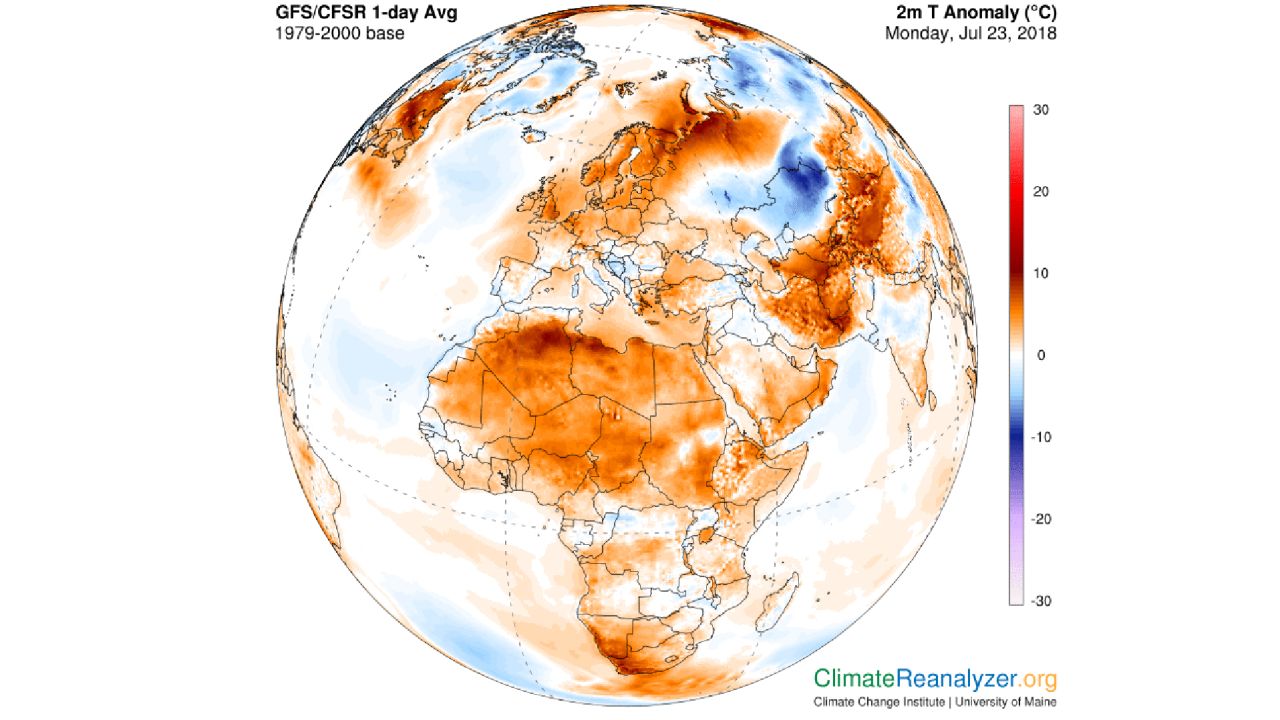 Temperatures compared to normal, with red/orange showing temperatures well above average for much of the Northern Hemisphere.