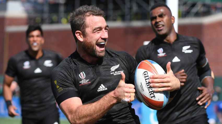 Kurt Baker of New Zealand celebrates after scoring a try against France during their Championships quarter finals game at the Rugby Sevens World Cup in the AT&T Park at San Francisco, California on July 21, 2018. (Photo by Mark RALSTON / AFP)        (Photo credit should read MARK RALSTON/AFP/Getty Images)