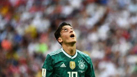 Ozil reacts during Germany's final World Cup group match, against  South Korea. The holders lost 2-0, crashing out of the tournament. 