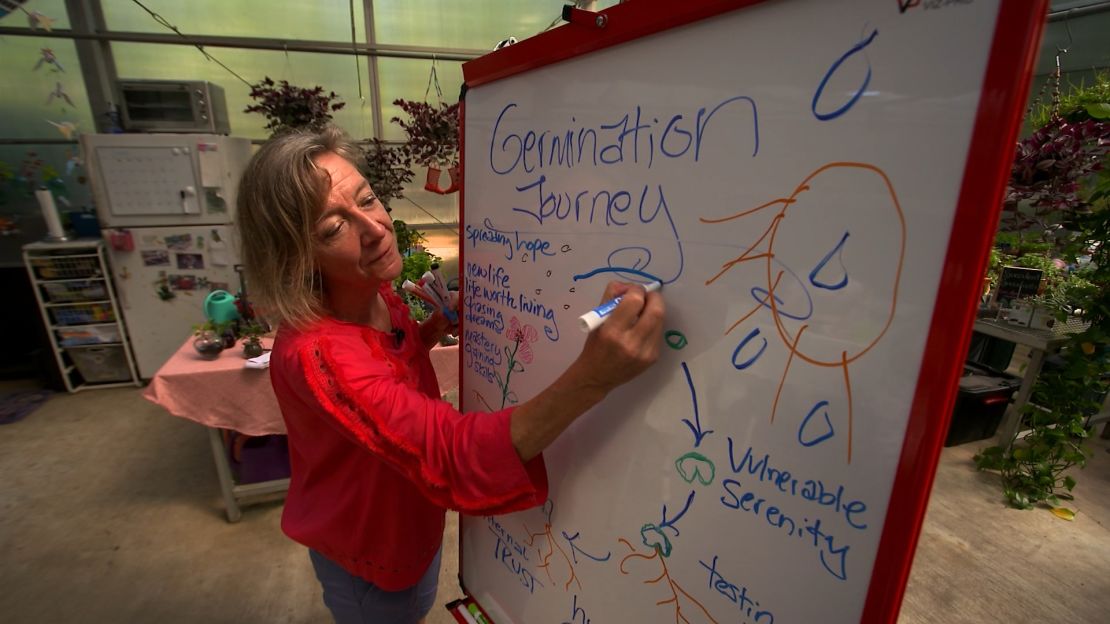 Horticultural therapist Libba Shortridge describes the life cycle of a seed to a group at Skyland Trail, a mental health treatment center in Atlanta. 