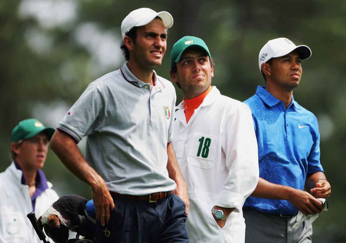 Tiger Woods and amateur Edoardo Molinari on the fourth tee during the second round of The Masters, 2006.