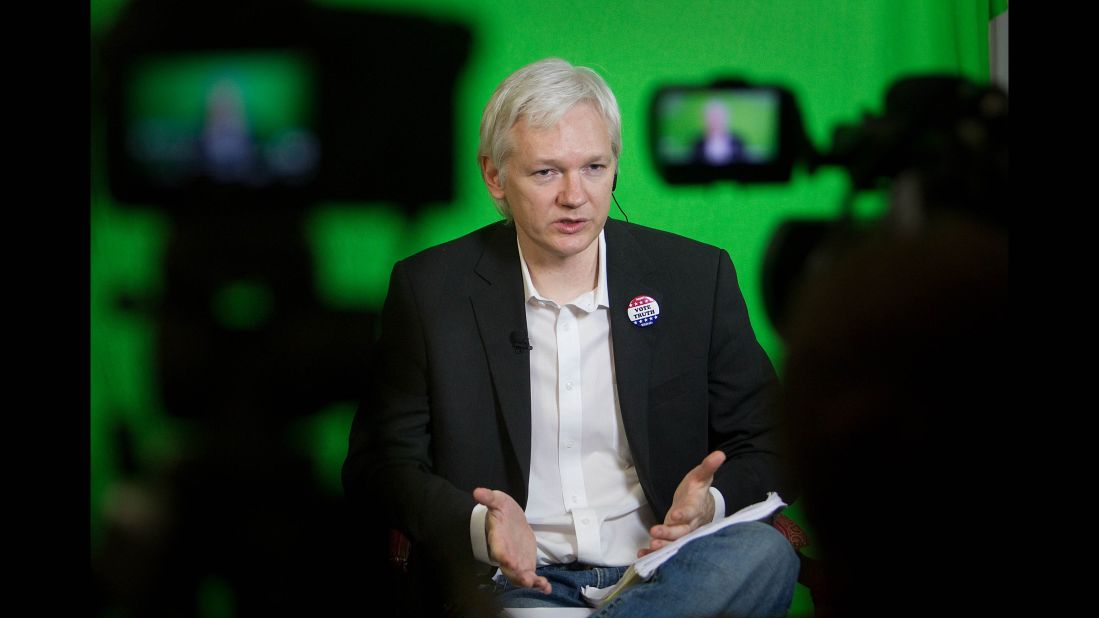 Assange addresses the Oxford Union Society from the Ecuadorian Embassy in January 2013.