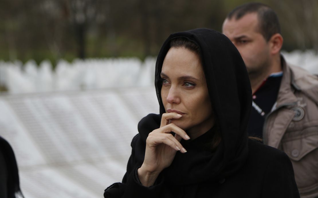 Angelina Jolie visits the memorial center of Potocari near the  eastern Bosnian town of Srebrenica in 2014.