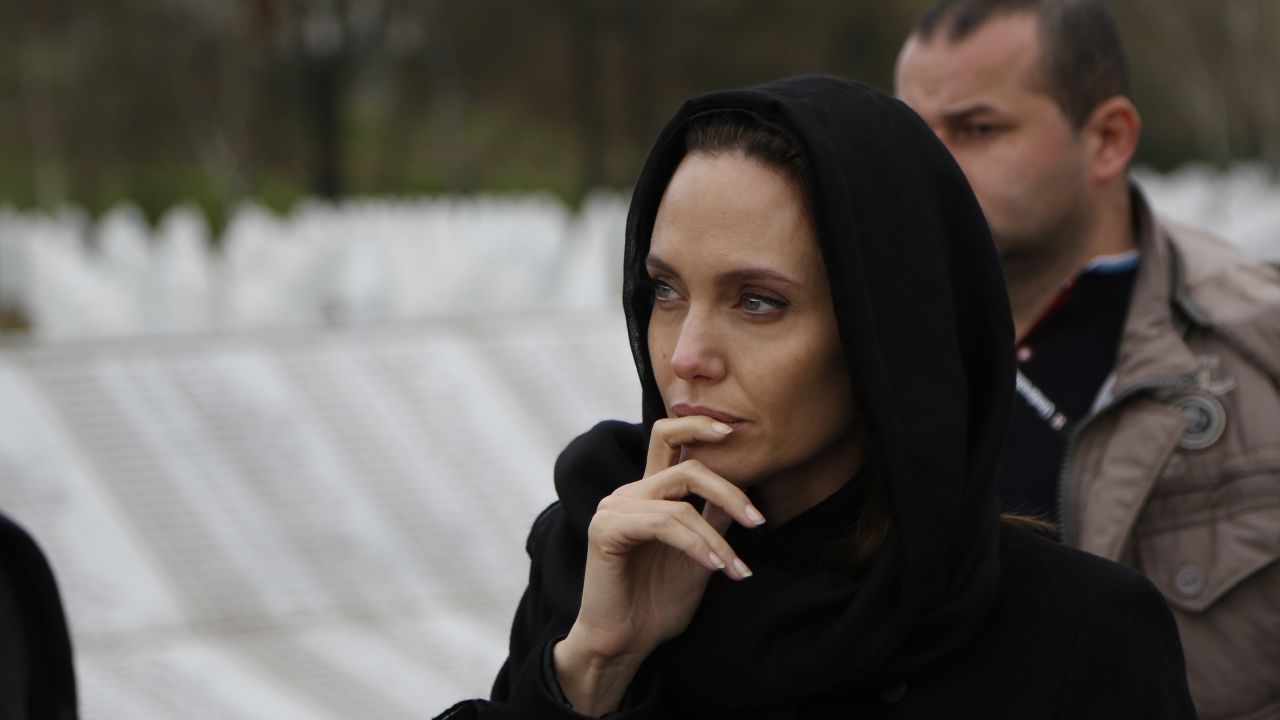 Angelina Jolie visits the memorial center of Potocari near the eastern Bosnian town of Srebrenica in 2014.