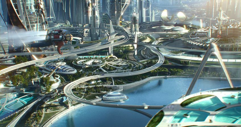 Sci-fi adventure film "Tomorrowland," depicts a utopian future city in an alternate universe. The cityscape was partly inspired by the Tomorrowland themed "lands" in Disney amusement parks.