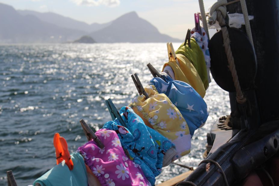 Theo's reusable nappies drying aboard the boat. "They dried very quickly in hot climates," said Katharine. "Conventional nappies don't really work as most boats don't have enough space to store them and also they stink!"  