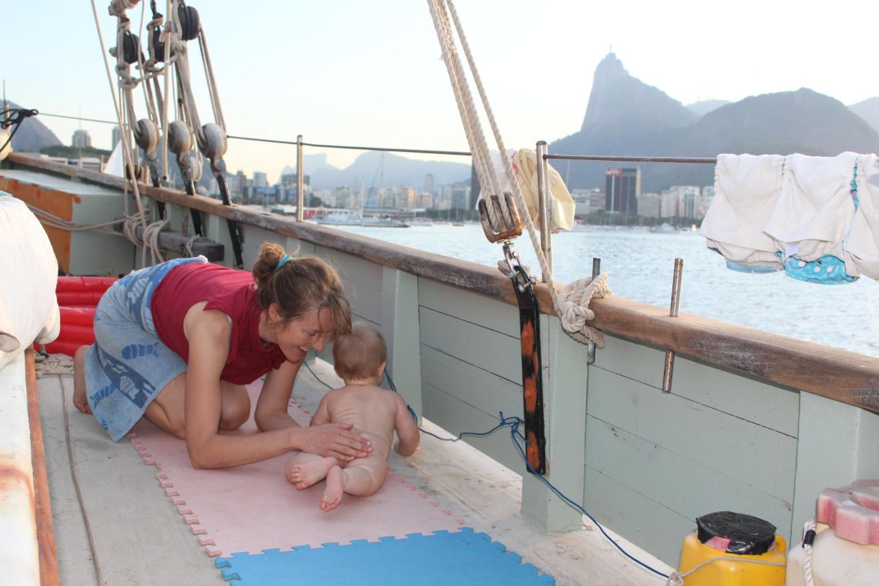 Theo lived aboard The Lista Light from the age of three months to almost a year. He's pictured playing on deck, with Rio de Janeiro in the background. "We let him walk and crawl around on deck when it was calm, but one of us was always close," said Katharine. "His balance was amazing -- he could stand up holding on to the swaying fencing." 