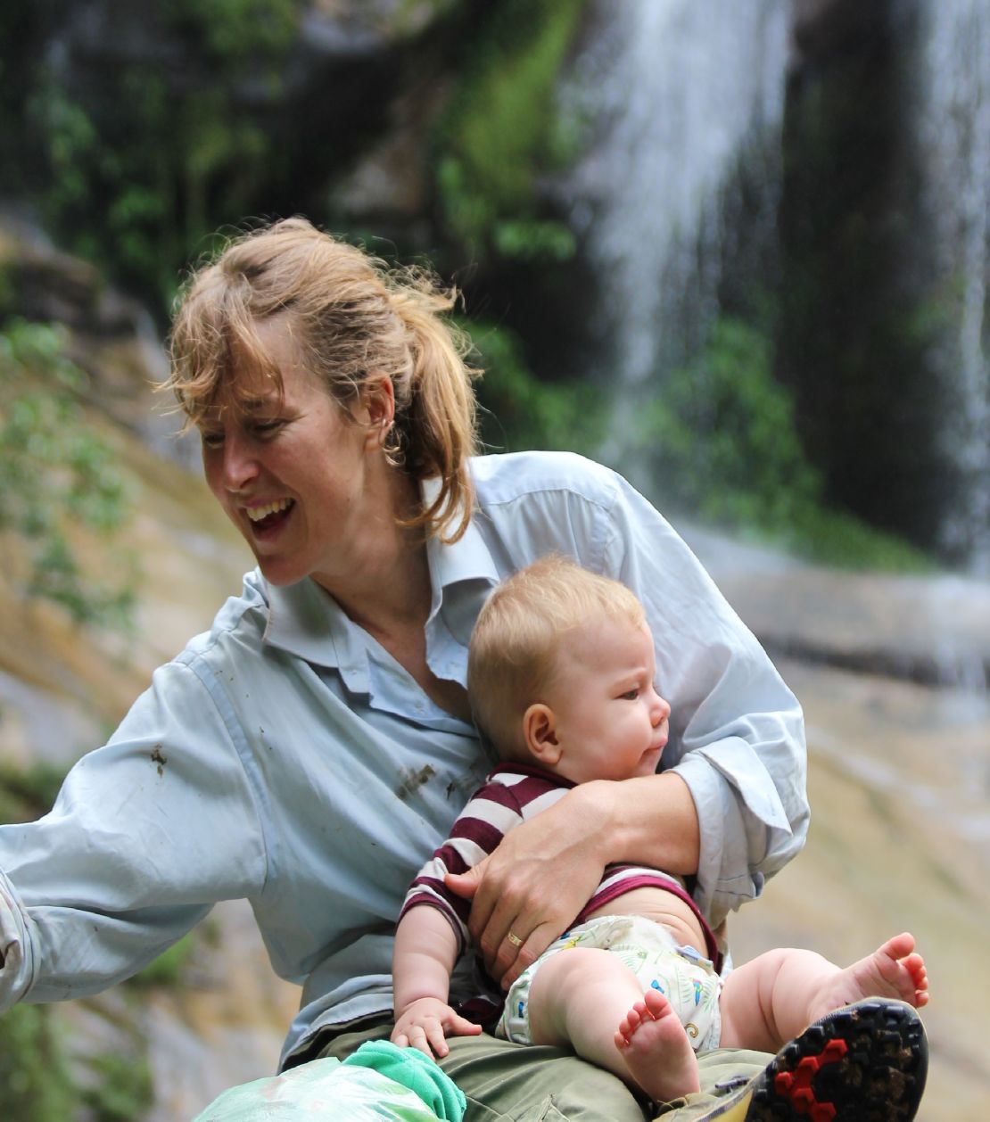 Katherine Lowrie and baby Theo during a stopover in Brazil's Atlantic rainforest.
