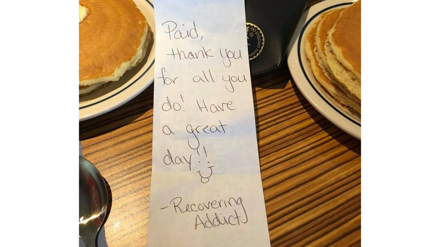 A recovering addict secretly paid for several EMTs' breakfasts at an IHOP in Toms River, New Jersey.