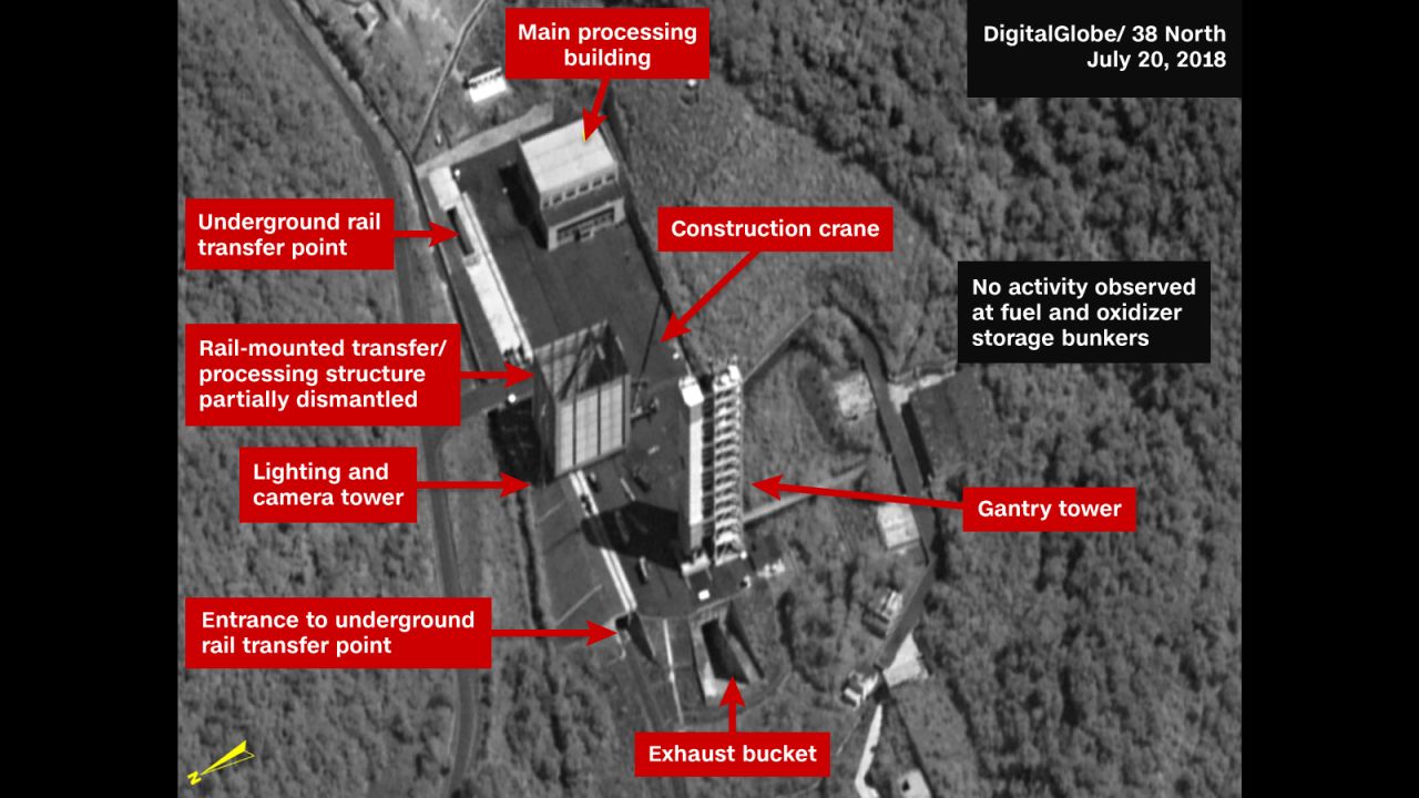 SOHAE SATELLITE LAUNCH PAD, NORTH KOREA - JULY 20, 2018:  Figure 1. By July 20, dismantlement had begun of the rail-mounted transfer structure on the Sohae launch pad.  Mandatory credit for all images: DigitalGlobe/38 North via Getty Images
