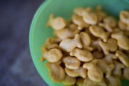 Four types of Goldfish crackers include seasoning with whey powder 