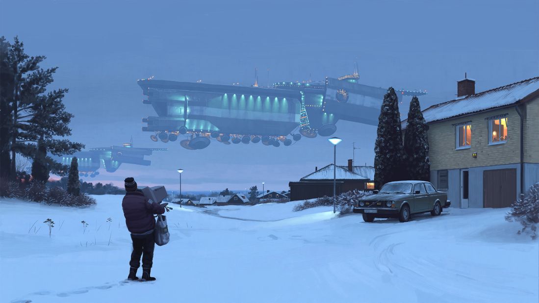 The artwork, which Stålenhag creates digitally, usually begins with photographs he takes. He mixes rural Swedish landscapes with the apparently normal presence of robots, spacecraft and other sci-fi elements.