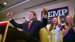 ATHENS, GA - JULY 24:  Secretary of State Brian Kemp addresses the audience and declares victory during an election watch party on July 24, 2018 in Athens, Georgia. Kemp defeated opponent Casey Cagle in a runoff election for the Republican nomination for the Georgia Governor's race.  (Photo by Jessica McGowan/Getty Images)