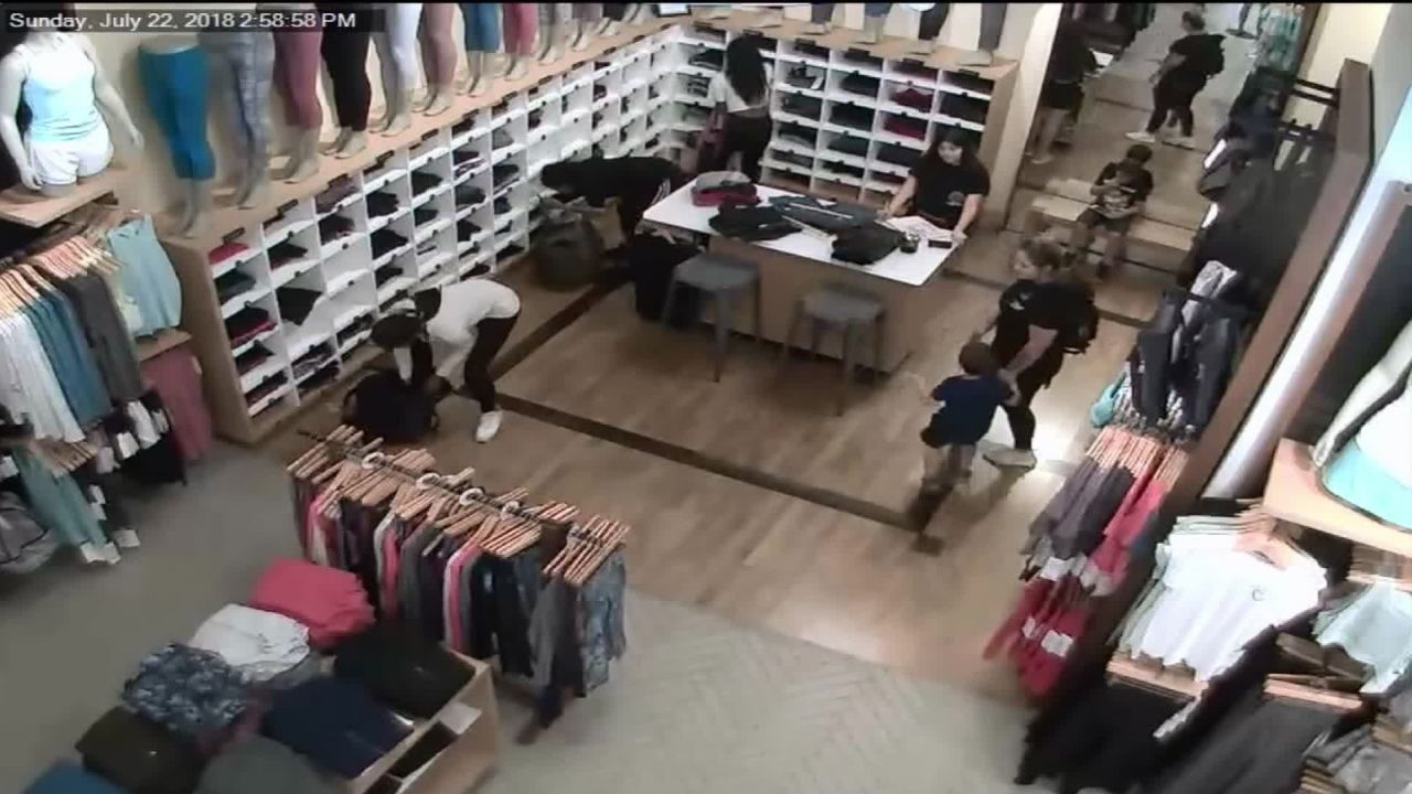 Surveillance video shows three women taking leggings and yoga pants from a Lululemon store in Fresno on Sunday. 
