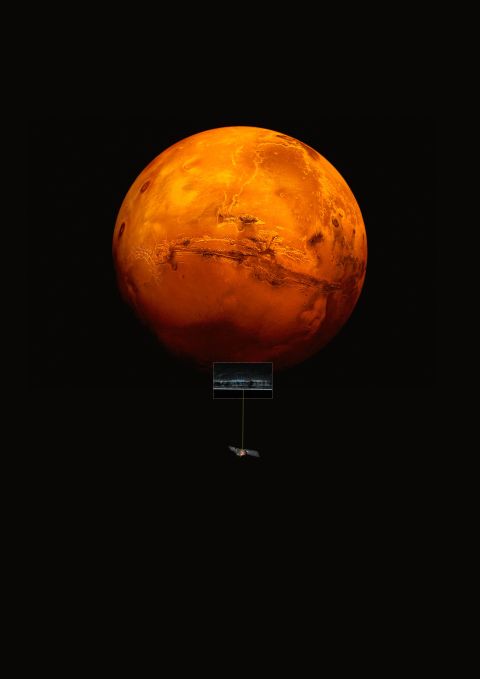 An artistic impression of the Mars Express spacecraft probing the southern hemisphere of Mars. Radar detected a lake of liquid water beneath the surface.