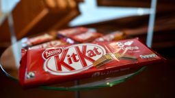 A pack of chocolate-covered wafer biscuit bar KitKat brand is displayed in the showroom of Swiss food giant's Nestle on October 20, 2016 in Vevey.

Sales of Swiss food giant Nestle rose slightly in the first 9 months of 2016, in a "more sluggish" environment, which led the group to strongly revise downwards its expectations for the full 2016 year. According to a statement released October 20, the group recorded a one-percent increase in sales over the first nine months of 2016 to 65,500,000,000 francs (60 billion euros). / AFP / FABRICE COFFRINI        (Photo credit should read FABRICE COFFRINI/AFP/Getty Images)