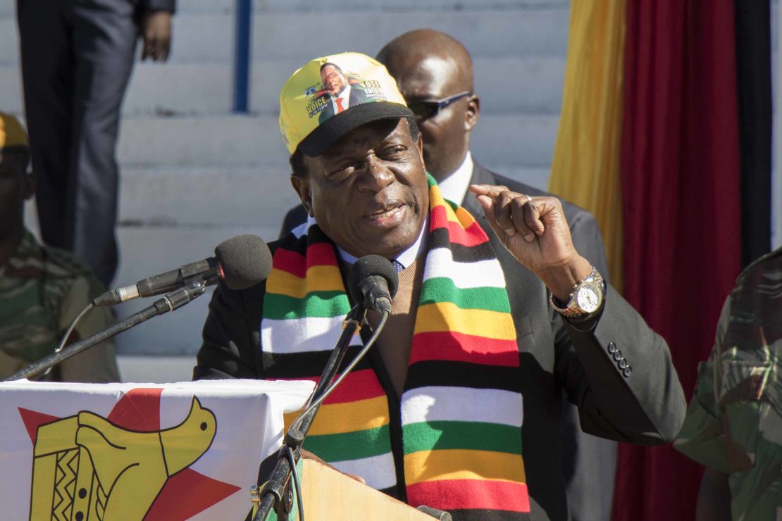 Zimbabwean President Emmerson Mnangagwa addresses a meeting attended by farmers and businessmen from the Zimbabwean White community ahead of this month's elections.