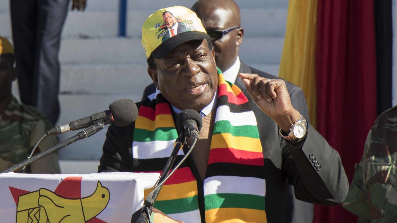 Mnangagwa addresses a meeting of farmers on July 21 ahead of the election.