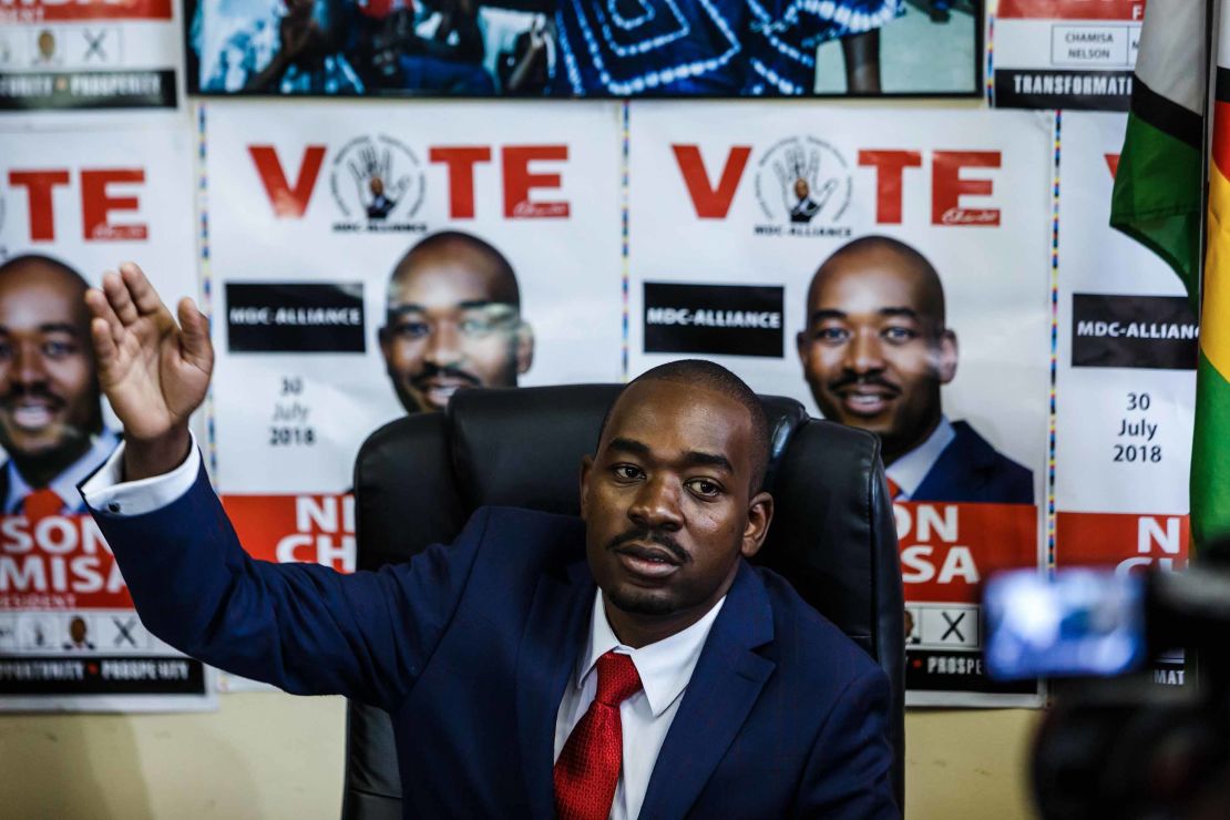 Zimbabwe's Movement for Democratic Change (MDC) party leader Nelson Chamisa holds a press conference at the MDC headquarters in Harare.