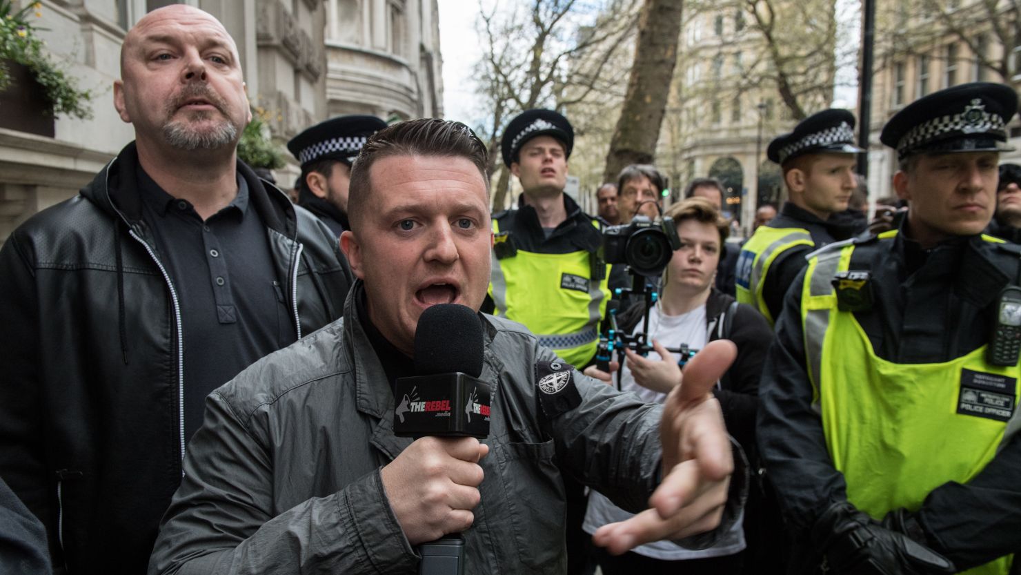 Tommy Robinson at a protest in London in 2017 after a terror attack in the UK capital.