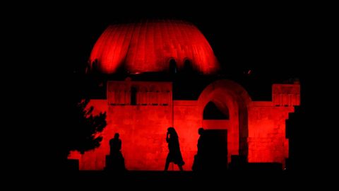<strong>Amman, Jordan: </strong>The Citadel archaeological site, in downtown Amman, is illuminated red to celebrate the 50th anniversary of the Special Olympics.