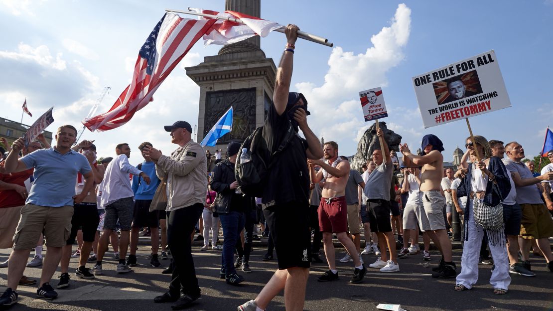 Supporters of Tommy Robinson in Trafalgar Square in central London on July 14, 2018.