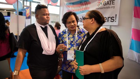 Millie Milton with friends in the Global Village of the International AIDS Conference in Amsterdam.