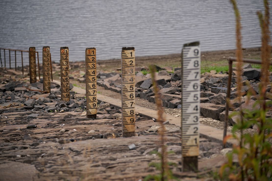 Depth markers show how little water remains in Yarrow reservoir near Bolton in northwest England.