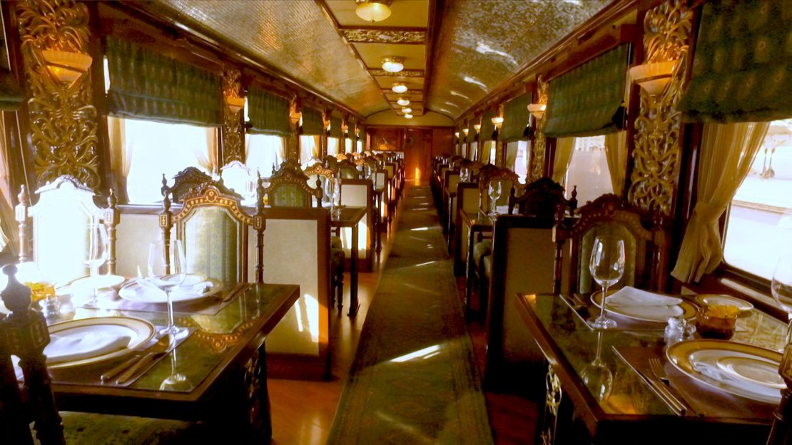 A classic dining car on the train.