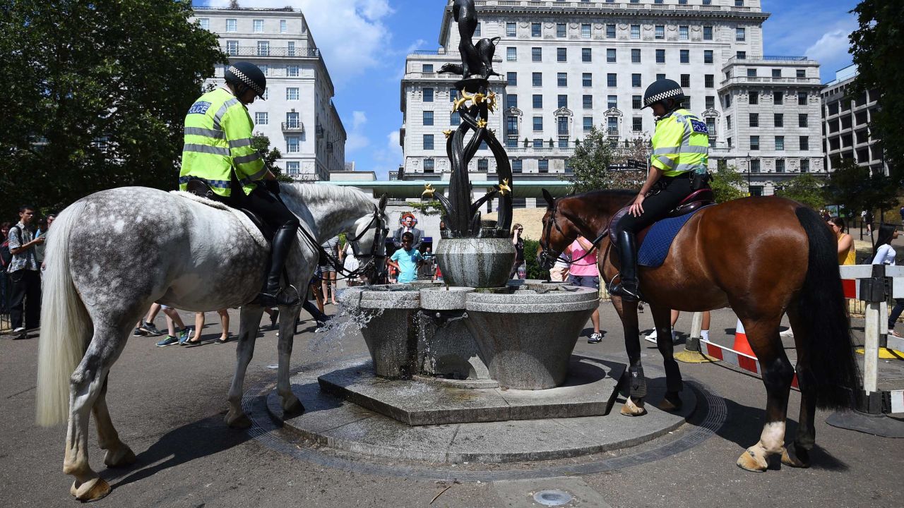 Police officers water their horses at a fountain in London's Green Park.